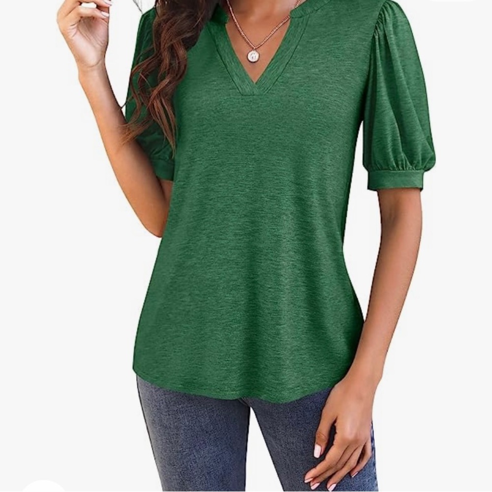 V Neck T Shirts Casual Puff
Sleeve Loose Dressy Top